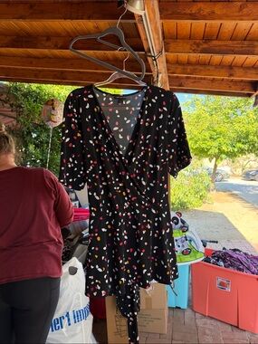 Lane Bryant Black Wrap Blouse with Pink, White & Yellow Dot Print